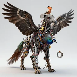 a high resolution realistic portrait of an ork creature made of doglike class aves computer parts merged tree roots, strangled by electronic wires bower bird creature wrinkles pheasant, complex feathers exotic morphing hoopoe, zebra morphing wings king vulture head