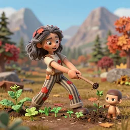 a stopmotion animation character, a beautiful canadian woman, pulling weeds out frantically, some grey hair, stripey pants, canadian maple leaves, mountains, autumn, octane render, 8 k, kubo and the two strings, jan svankmayer, disney, pixar,