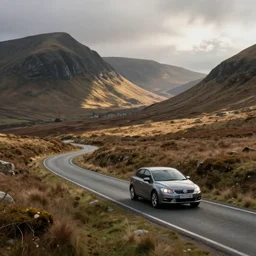 painting of a car driving on the Scottish countryside