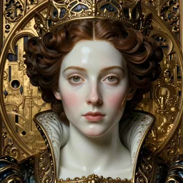 face centered portrait, artwork by james jean, hyperdetailed realistic smooth polished porcelain, beautiful medieval queen, jean delville, art nouveau, gustav klimt, ornate dark bronze heavy patina gothic icon, james jean, ultrasharp hyperdetailed photorealistic octane render, iris van heppen, visionary