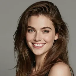 Portrait of the most beautiful woman, she is posing while maintain a sweet eye contact to the camera, she has perfect white teeths, Annie Leibovitz photorealistic, matte painting