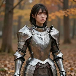 a masterpiece hyperrealistic ultradetailed fullbody photograph of a lifelike real human anime girl wearing steel plate armor, autumn forest background, made by wlop, trending on artstation, crying, actual person, k - pop, rough skin pores texture, photoreal image, desaturated, 3 d rendered, unreal engine 5, extremely detailed, sharp focus, 4 k