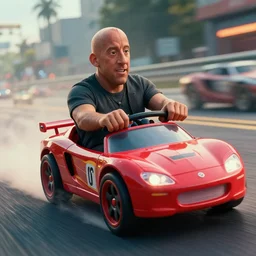 vin diesel riding a toy car, action movie, movie scene, hd, 8 k, cinematic, car chase