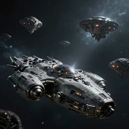dwarven space fleet encounters aliens in deep space, a dramatic space battle, cinematic scene, IMAX quality, 35mm, fierce, extremely moody lighting, glowing light and shadow, atmospheric, shadowy, cinematic, diffuse lighting, fantasy, intricate, elegant, highly detailed, lifelike, photorealistic