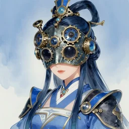ancient chinese princess with steampunk mask in genshin impact, dynasty warriors, headshot, holy, unity, 8 k, blue color scheme, headshot, highly detailed, smooth, ink painting, in style of yoji shinkawa, pan ren wei, col price, atey ghailan, by greg rutkowski, aesthetic