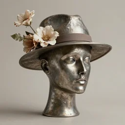 a head made out of metal, neutral palette, it is wearing a hat with flowes, vogue cover style, greg rutkowski style