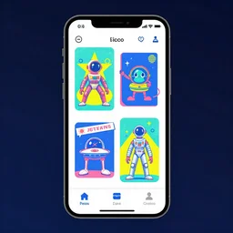 Image generator app with image feed, space age Jetsons googie art style, two color risograph UX layout