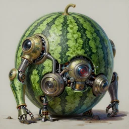 semi realistic gouache painting, by bana benedick, by ruan jia, by eng kilian, by denning guy online artists, detailed anime 3 d render of a monstruous alien watermelon, a alien watermelon, cgsociety, artstation, rococo mechanical, digital reality, sf 5 ink style,