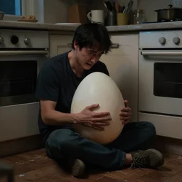 man cries while holding giant egg sitting on the kitchen floor at night, painting, somber, moody lighting