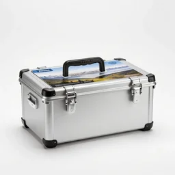 silver toolbox, commercial catalog photo, isolated on a pure white background, centered, entire object in frame, sharp focus, soft studio lighting