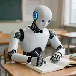 photorealistic robot studying using a pen on a book, school chair and table, close shot, cinematic, ultra - detailed, 8 k,