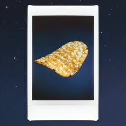 psychedelic polaroid product photo of a perfectly shaped wavy ridged potato chip, levitating in the cosmic night sky