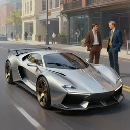 street scene, retro futuristic concept car, metallic, beautiful curves, sharp edges, low profile tires, jodhpurs greg manchess painting by sargent and leyendecker, cyberpunk 2 0 7 7 concept intricate elegant illustration forza, by greg rutkowski by greg tocchini by james gilleard
