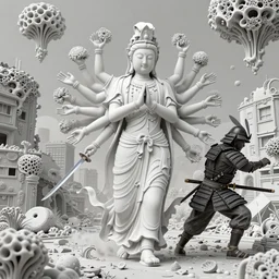 matte painting, japanese thousand - handed guanyin runs away from samurai with a katana, sharp, struggling in a ruined city full of organic fractal mycelum and fung, slender and densely arranged teeth, by mucha, michael whelan, jean leon gerome, junji ito, hr giger, zdzislaw, tyler jacobson, noah bradley, james paick