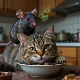 cinematic colorful horror artwork by artgerm, beksinski, mark brooks ; real life full portrait of furry cat resting by bowl at kitchen ; behind cat at background ugly furry mouse, red eyes, waiting. macro scale ; scary, 8 k hdr, creepy intricate ; volumetric dramatic lighting, insanely detailed, haunting