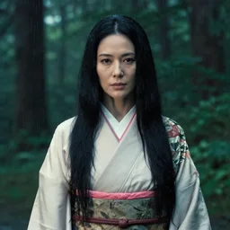 a cinematic portrait bust of woman, forest background, dappled light, raining, long black hair, kimono, princess mononoke, 4 k, annie leibovitz, high detail, dramatic lighting, afternoon, hayao miyazaki, masashi ando, nizou yamamoto, kazuo oga, joe hisaishi, yoji takeshige, naoya tanaka
