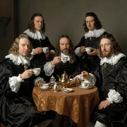 Portrait of 5 Jeremy Beadles taking tea style of hans holbein