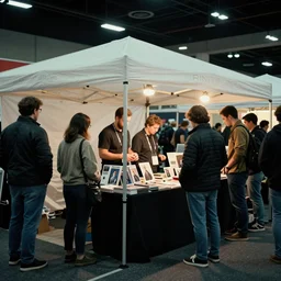 a photo of a market stall at a trade show in the style of the film'minority report'taken from a distance, dslr