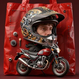 portrait of a knight in a ornate motorcycle dirt helmet, background circuitboard red plastic bag, rich deep colors, by francis bacon, james ginn, petra courtright, jenny saville, gerhard richter, zdzisaw beksinsk, takato yamamoto. masterpiece, i elegant fashion studio ighting, masterpiece. rendered in blender, smooth shadows, ultra detail,
