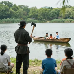 a CCTV footage of an executioner holidng a big axe infront of a lake at a summer camp looking at 3 kids on a wodden boat. long shot.