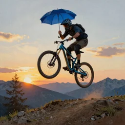Painting of A downhill Mountainbiker jumping over a ridge in the alps on a beautiful day at Sunset with a blue umbrella in one hand, in the style of Caspar David Friedrich