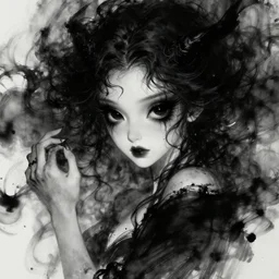 portrait of demon girl by bastien lecouffe deharme, dreamy and ethereal, expressive pose, big black eyes, exciting expression, fantasy, intricate, elegant, dark and moody smoke, highly detailed, digital painting, artstation, concept art, smooth, sharp focus, illustration, black flowing ink, blackened eyes, art by artgerm and greg rutkowski and alphonse mucha