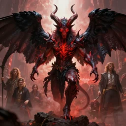 dynamic fullbody portrait of a powerful demon, long horns, fiery red eyes, claws, black crow wings, by greg rutkowski and gaston bussiere and craig mullins and j. c. leyendecker, volumetric lighting
