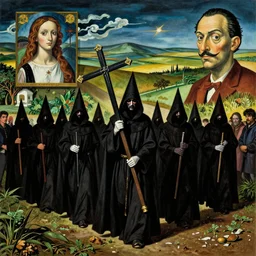 A Holy Week procession of grim reapers in a lush Spanish landscape at night. A hooded figure at the front holds a cross. El Greco, Remedios Varo, Salvador Dalí, Zdzisław Beksiński. Technicolor. Very saturated colors.