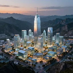 a small town completely made out of glass, surrounded by a surreal mountain landscape, shining faintly in the dim light of sunset, buildings made out of glass, light reflections, highly detailed and beautiful illustration