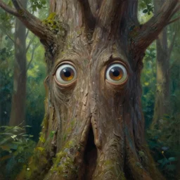 a talking tree, a face in the bark, big eyes, fantasy concept art, oil painting, hyperrealistic, highly detailed, artstation, cgsociety, in the forest