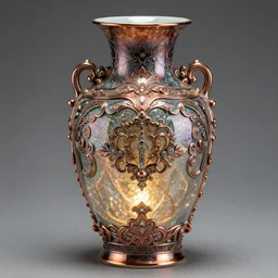 ceramic vase by bernard leach robin wight sparkles, shine glimmer, metallic colors, glass, oxidized copper led light, highly detailed and intricate, hdr, hyper detailed, intricate, elite, ornate, elegant, luxury, focus, unreal engine, trending on artstation, octane, trending on deviantart weta digital, micro details,