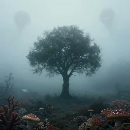 lonely tree, lone tree, single tree, surreal, mindscape, dreamscape, magical tree, sad, lonely, mist, fog, smog, light dispersion, subtle ghostly patterns, floating alien entities, corals, coral reef, levitating fish, underwater, mushrooms, mushroom forest