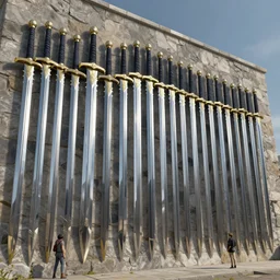 detailed illustration of enormous wall made of shiny sword blades, trending on artstation, digital art ( by jesper ejsing ) ( by clint cearley ) ( by raluca marinescu ) ( by brad rigney ) ( by artur treffner ) ( by joseph meehan ) ( by victor adame ) ( by anna steinbauer )