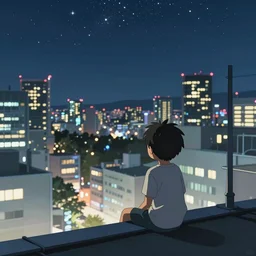 a kid in a big city, sits on rooftop, watches a beautiful night full of stars and tech buildings, by satoshi kon and basil gogos