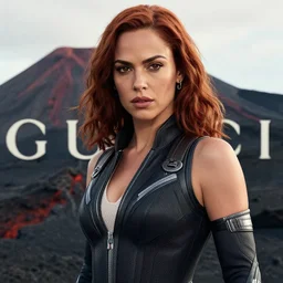 Ana de Armas as Black Widow in Avengers Infinity War, posing for Gucci, set on volcano in Hawaii, seductive, sexy, lusting, staring at you, masterpiece, close up, highly detailed features