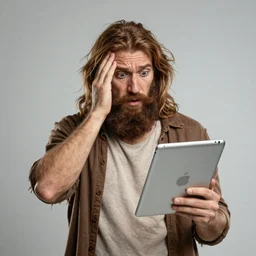 a caveman very confused while holding an iPad