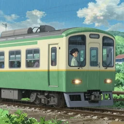 the train in makoto shinkai's movie, the weather is drizzling