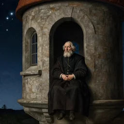 portrait of an old man sitting in a stone watchtower next to a window, night sky through window, polaris, the north star, 8 k, trending on artstation, artgerm, ultra detailed, by hieronymus bosch,