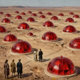 hyper detailed painting of majestic parched plains with numerous bright shiny ruby domes, sprawling across, by francisco goya and rembrandt, unsettling, mysterious, by stephan martiniere and alexander fedosav, hyperrealism, 8 k resolution, behance hd, artstation, nightcafe