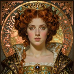 face centered portrait, artwork by james jean, hyperdetailed realistic, beautiful medieval queen, jean delville, art nouveau, gustav klimt, ornate copper patina gothic icon, james jean, alphonse mucha