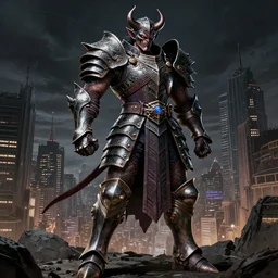 a full body shot of a demon warrior by Kentaro Miura,colored by Ronda Pattison,heavy armor,city in the background,dark colors,detailed,artstationCGsociety, full length, exquisite detail, post-processing, masterpiece, volumetric lighting, cinematic, hypermaximalistic, high details, cinematic, 8k resolution, beautiful detailed, insanely intricate details,