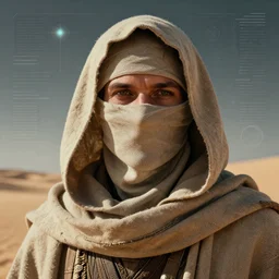 retrofuturistic portrait of a rugged desert wanderer, face wrapped, hood and cloak, space graphics in background, close up, quint buchholz, wlop, dan mumford, artgerm, liam brazier, peter mohrbacher, raw, featured on artstation, octane render, cinematic, elegant, intricate, 8 k