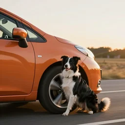 a dog holding its paws on the wheel of a car, border collie, orange nissan note, car moving fast, award winning photo, golden hour, neil leifer