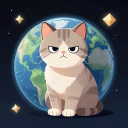 A grumpy cat sitting on the planet earth in space, digital art