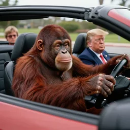 orangutan driving convertible mustang, trump is sitting in the passenger seat, 4 k realistic, photorealistic, detailed