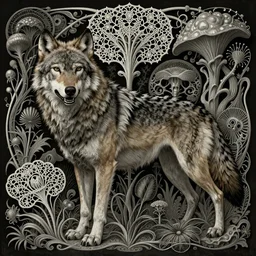 detailed realistic beautiful alfa wolf by jean delville, gustave dore, iris van herpen and marco mazzoni, art forms of nature by ernst haeckel, art nouveau, symbolist, visionary, gothic, neo - gothic, pre - raphaelite, fractal lace, intricate alien botanicals, ai dark biodiversity, surreality, hyperdetailed ultrasharp octane render