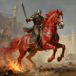 the first horseman of the apocalypse riding a strong big red stallion, horse is running, the rider carries a large sword, flames from the ground, artwork by artgerm and rutkowski, breathtaking, dramatic, full view