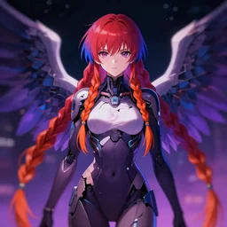 anime cyberpunk art, cute and beautiful full body female broken angel in the style of ghost in the shell, red blue purple black fade, orange braided hair, dark light night like eyes, braided hair, highly intricate detailed, braided hair, advanced digital anime art, soft blur and glow, wlop and rossdraws and sakimimichan
