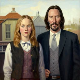 painting of Keanu Reeves and Jennifer Lawrence as the couple in American Gothic in the style of Grant Wood