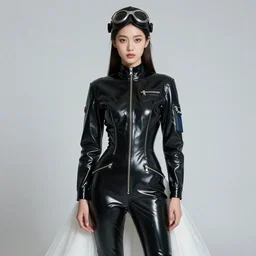 an early 0 0's digital portrait of a beautiful girl detailed features wearing a pilot latex suit wedding dress - chic trend. lots of zippers, pockets, synthetic materials, jumpsuits. by balenciaga and issey miyake by ichiro tanida and mitsuo katsui